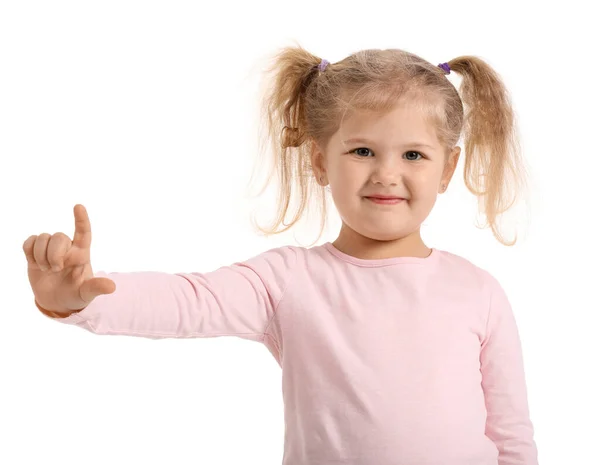 Αστείο Κοριτσάκι Που Δείχνει Αποτυχημένη Χειρονομία Λευκό Φόντο — Φωτογραφία Αρχείου