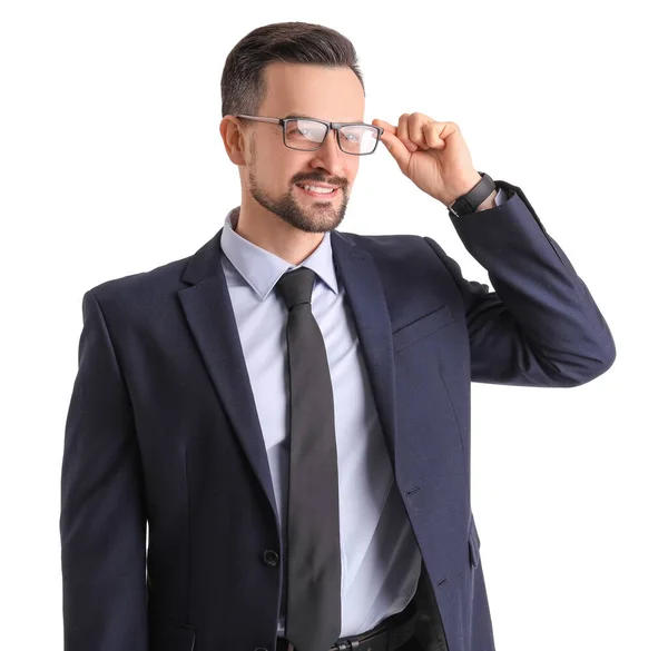 Przystojny Biznesmen Okularach Białym Tle — Zdjęcie stockowe