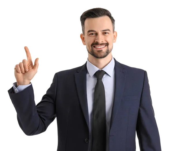 Handsome Businessman Pointing Something White Background — Stock Photo, Image