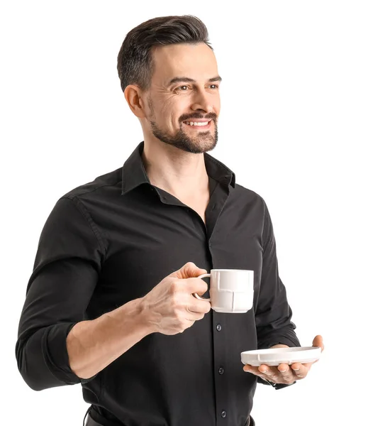Bonito Homem Negócios Com Xícara Café Fundo Branco — Fotografia de Stock