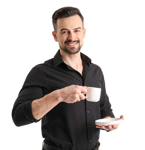 Beau Businessman Avec Une Tasse Café Sur Fond Blanc — Photo