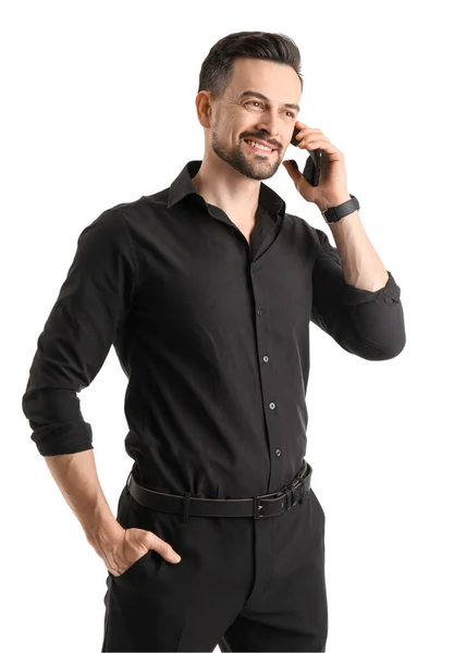 Красивый Бизнесмен Разговаривает Мобильному Телефону Белом Фоне — стоковое фото