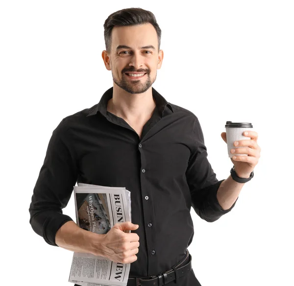 Handsome Businessman Cup Coffee Newspaper White Background — Stock Photo, Image