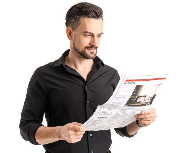 Schöner Geschäftsmann Liest Zeitung Auf Weißem Hintergrund — Stockfoto