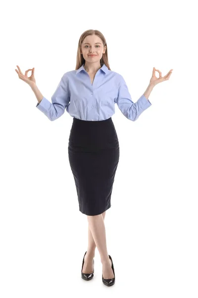 Junge Geschäftsfrau Meditiert Auf Weißem Hintergrund Gleichgewichtskonzept — Stockfoto