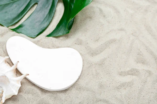 Decorative Plaster Podium Seashell Tropical Leaf Sand — Stock Photo, Image