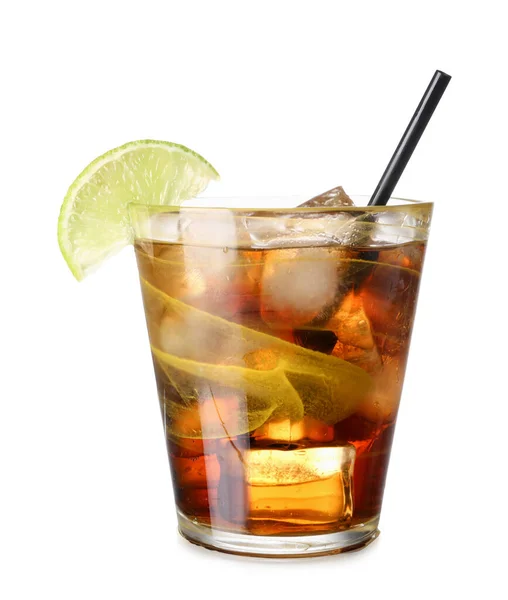 stock image Glass of tasty Cuba Libre cocktail isolated on white background