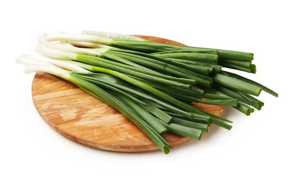 Wooden Board Fresh Green Onion White Background — Stock Photo, Image