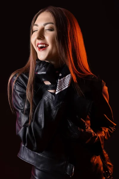 Beautiful Young Woman Leather Gloves Jacket Dark Background — Stock Photo, Image