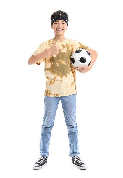 Petit Garçon Avec Ballon Football Montrant Pouce Vers Haut Sur — Photo