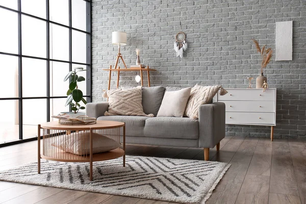 Interior Modern Room Sofa Table Dream Catcher Brick Wall — Stock Photo, Image
