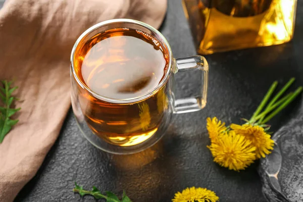 Glass Cup Healthy Dandelion Tea Black Background — Stock Photo, Image