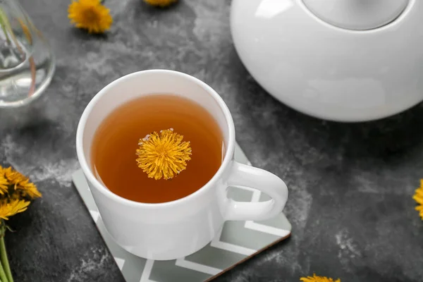 Cup Healthy Dandelion Tea Grey Background — Stock Photo, Image
