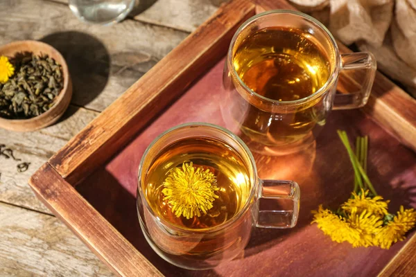 Board Glass Cups Healthy Dandelion Tea Wooden Table — Stock Photo, Image
