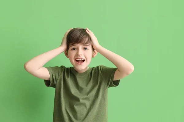 Surprised Little Boy Green Background Children Day Celebration — Stock Photo, Image
