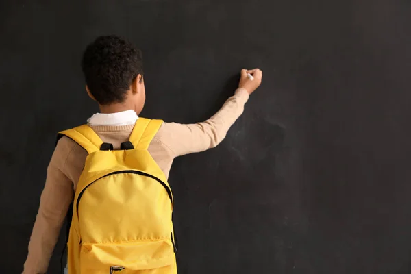 Little African American Boy Chalk Piece Drawing Blackboard Back View — Stock Photo, Image