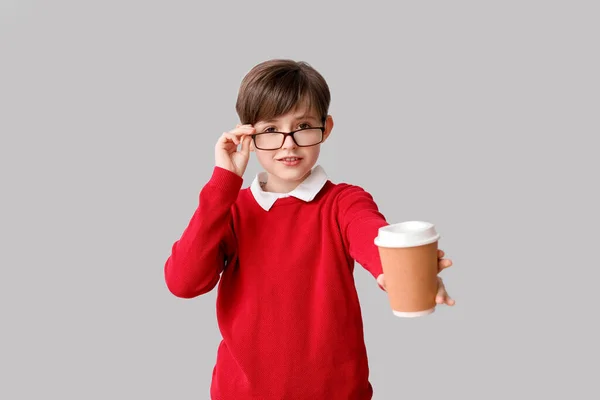 Little Boy Cup Cocoa Light Background Children Day Celebration — Stock Photo, Image