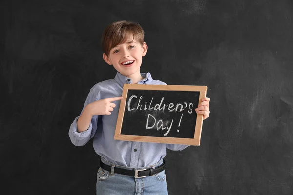 Little Boy Holding Chalkboard Text Children Day Blackboard — Stock Photo, Image
