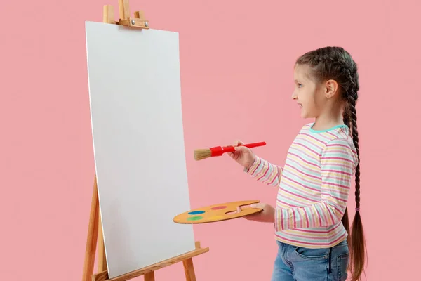 Little Girl Brush Palette Drawing Pink Background Children Day Celebration — Stock Photo, Image