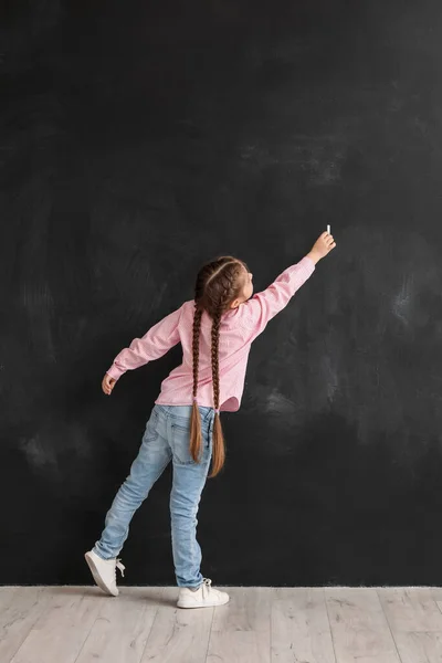 Little Girl Drawing Chalk Piece Blackboard Back View Children Day — Stock Photo, Image