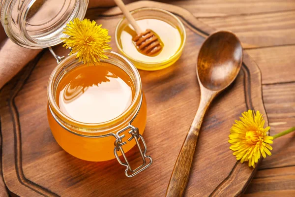 Jar Bowl Dandelion Honey Wooden Background — Stock Photo, Image
