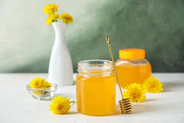 Jars Dandelion Honey White Table — Stock Photo, Image