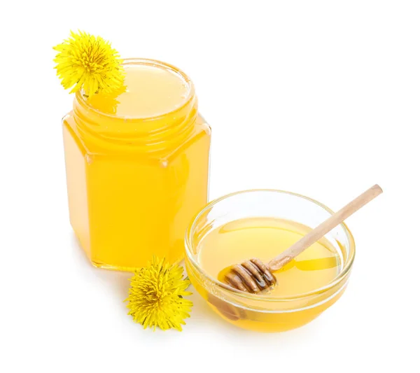 Jar Bowl Dandelion Honey White Background — Stock Photo, Image