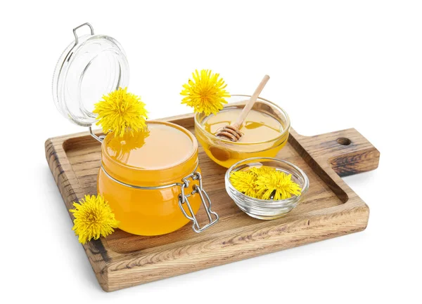 Board Jar Bowl Dandelion Honey White Background — Stock Photo, Image