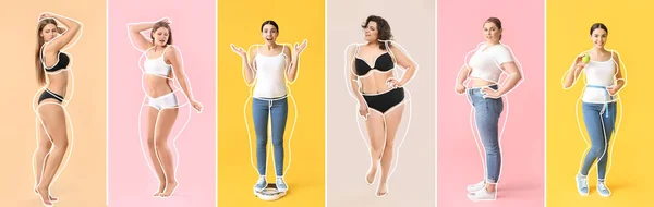 Set Van Mooie Jonge Vrouwen Gewichtsverlies Kleurrijke Achtergrond — Stockfoto
