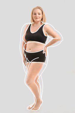 Woman after weight loss on light background clipart