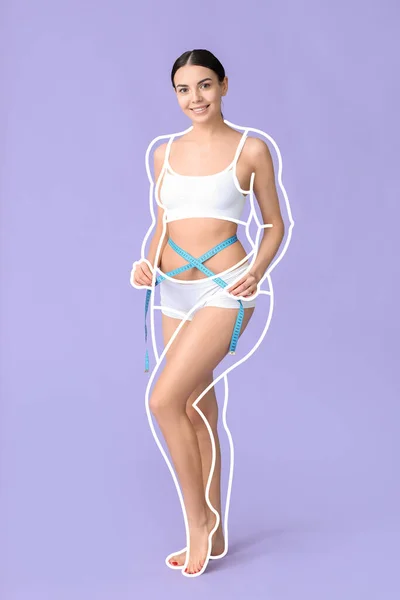 Beautiful young woman after weight loss with measuring tape on lilac background