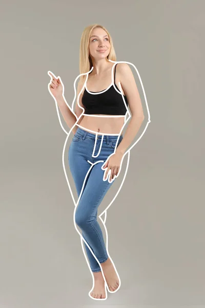 Mooie Jonge Vrouw Gewichtsverlies Grijze Achtergrond — Stockfoto