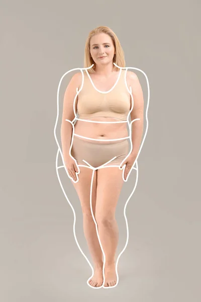 Woman Weight Loss Grey Background — Stock Photo, Image