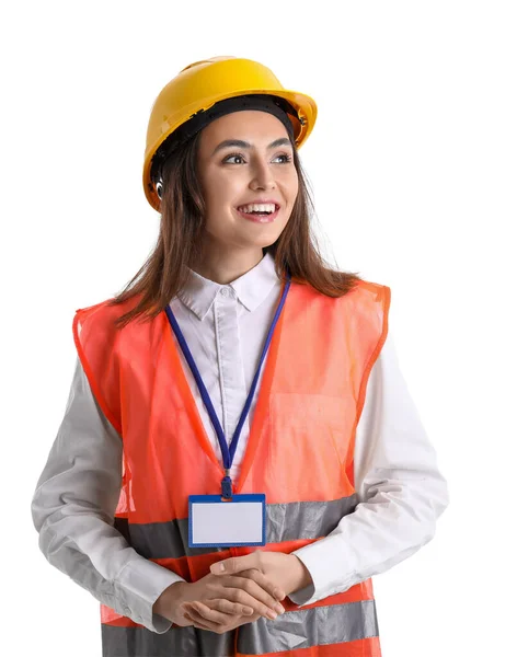 Female Worker Vest Hardhat White Background — Stockfoto
