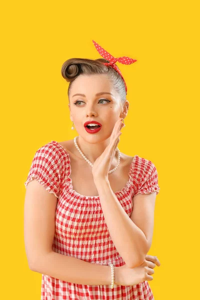 Shocked Young Pin Woman Yellow Background — Stock Photo, Image