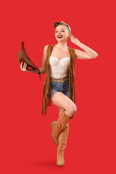 Young Pin Woman Cowboy Hat Red Background — 스톡 사진