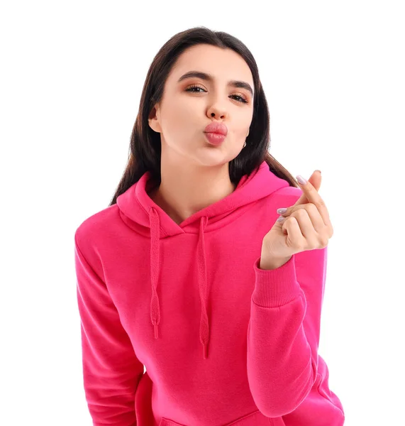 Beautiful Young Woman Making Heart Her Fingers White Background — Stock Photo, Image