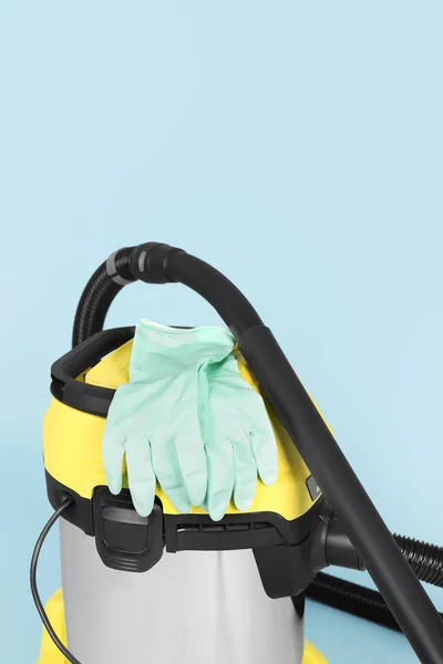 Vacuum Cleaner Rubber Gloves Blue Background — Stock Photo, Image