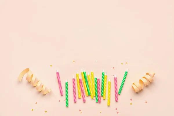 Colorful Birthday Candles Ribbons Pink Background — Stock Photo, Image