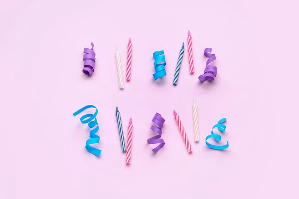 Colorful Ribbons Birthday Candles Lilac Background — Stock Photo, Image