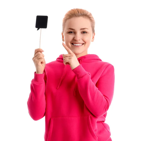 Young Woman Pointing Speech Bubble White Background — Stock Photo, Image