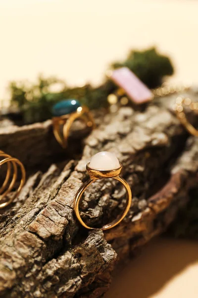 有时髦的戒指和苔藓的米色背景 — 图库照片
