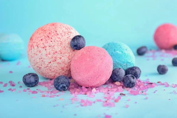 stock image Bath bomb with blueberry and sea salt on light blue background