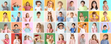 Set of different cute children on color background clipart