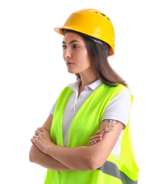 Female worker in vest and hardhat on white background