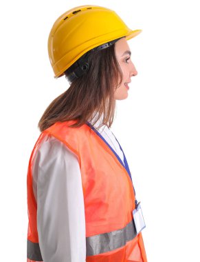 Female worker in vest and hardhat on white background