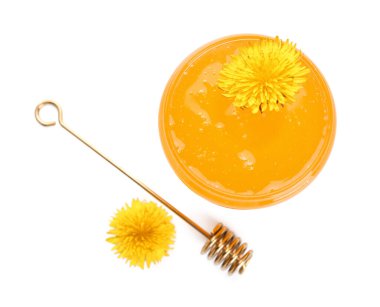 Beyaz arka planda karahindiba balı kavanoz