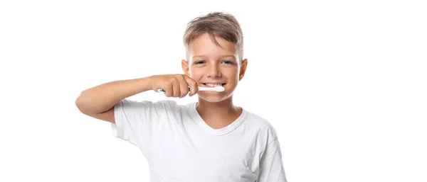 Carino Bambino Con Spazzolino Denti Sfondo Bianco — Foto Stock