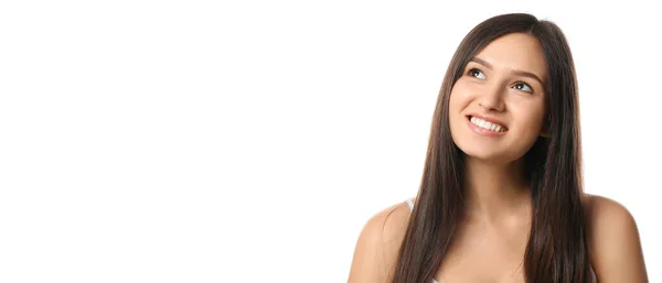 Beautiful Smiling Young Woman Healthy Teeth White Background Space Text — Stock Photo, Image