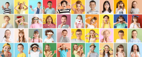 Collage Different Cute Children Color Background — Stock Photo, Image